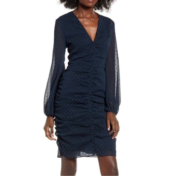 NWT Leith Blue Dot Ruched Sheer Sleeve Dress Size S - Picture 1 of 6